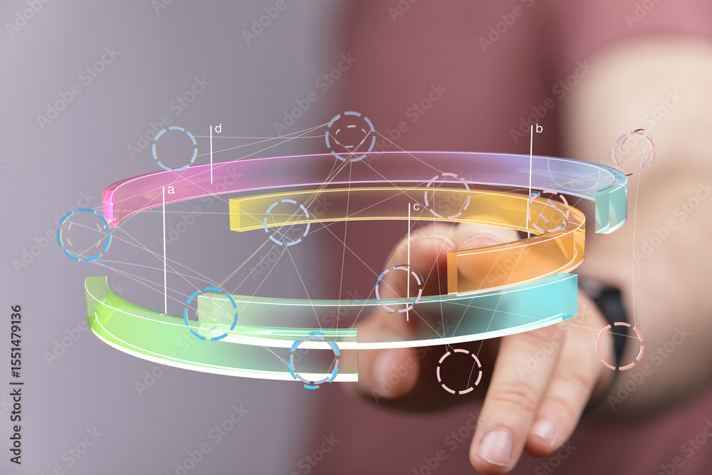 Poster Abstract image of a person interacting with a 3D data visualization.  Perfect for tech, data analysis, and innovation concepts.