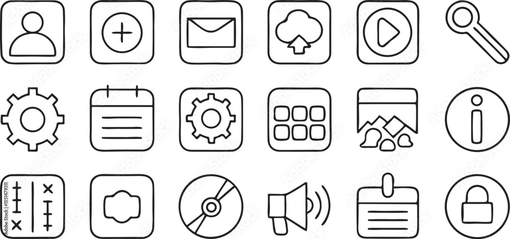 Poster mobile app features and ui icon set black outline vector for app interface and design tools