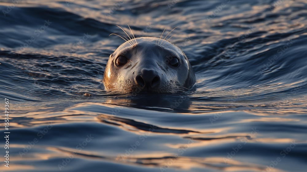 Poster a seal surfaces in serene waters, surrounded by rippling waves and illuminated by warm sunlight.