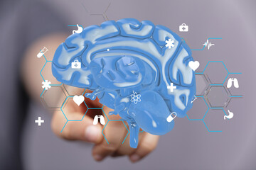 High-quality 3D rendering of a human brain, surrounded by medical icons. Perfect for healthcare,...