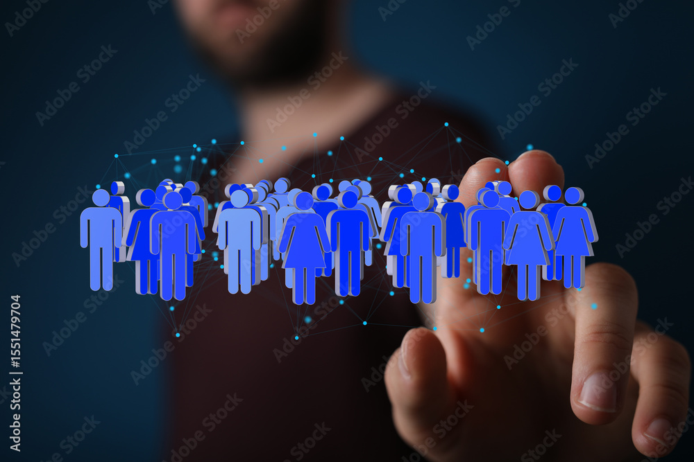 Poster image of a hand interacting with a digital network of people, representing global connections and co