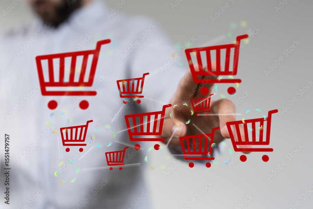 Poster Image of a person interacting with multiple shopping carts, symbolizing online shopping and e-commerce.