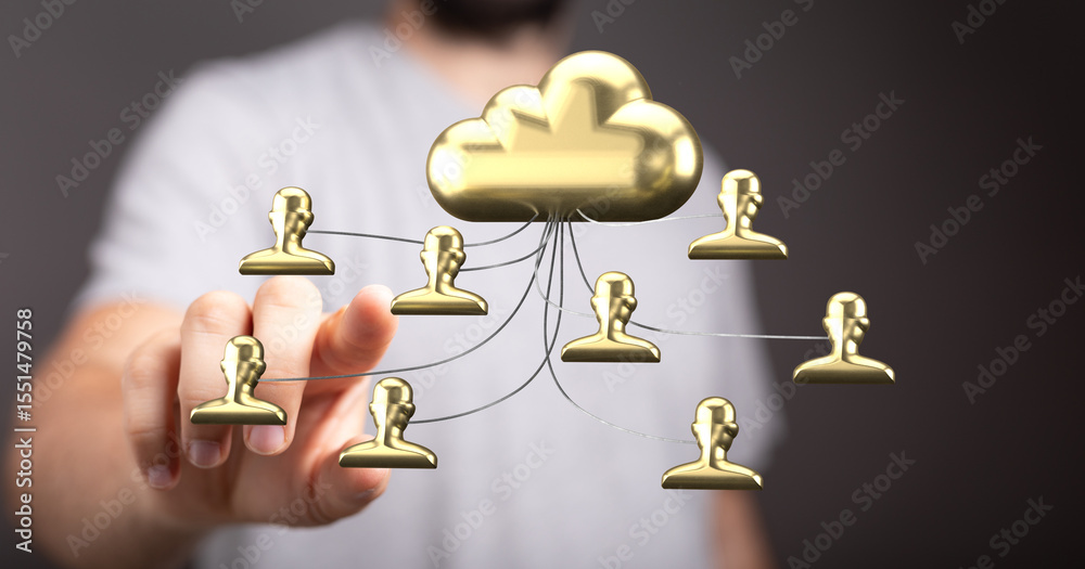 Poster Gold cloud icon with connected user profiles.  Illustrates secure data sharing, network, and cloud computing.