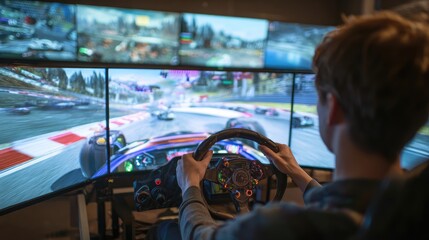 A person engrossed in a virtual racing game, sitting at a multi-monitor setup.