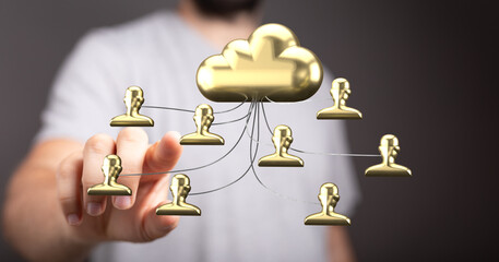 Gold cloud icon with connected user profiles.  Illustrates secure data sharing, network, and cloud...