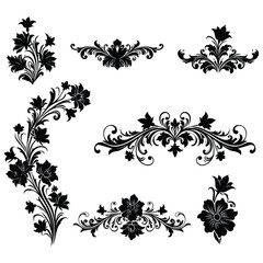 Black and white floral design elements set ornate swirls flowers bouquets borders vintage style graphic design elements for decoration