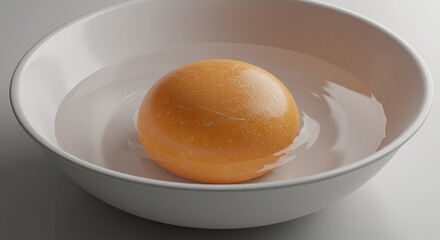 Orange sphere resting in shallow water inside a white bowl. Floating object in a studio setting for food photography.