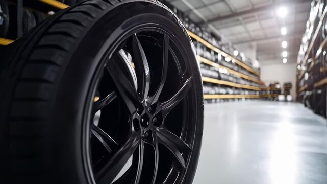 Black car tires stacked in a bright industrial storage warehouse featuring rows of shelving and plenty of replacement automobile parts