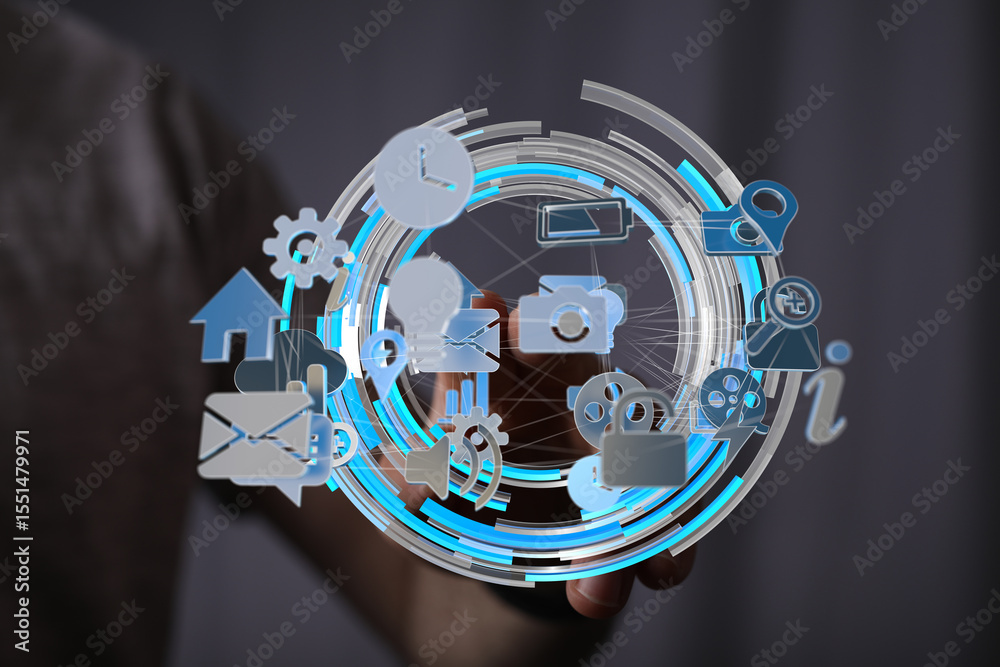 Aufkleber Conceptual image of interconnected digital icons, representing global communication and technological advancement.
