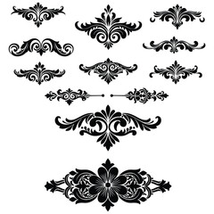 Black and White Floral Swirls Damask Design Elements Set Ornate Vintage Style Decorative Flourishes Collection