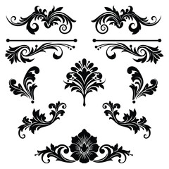 Black and White Floral Swirls and Flourishes Design Elements Set Vintage Style Ornament Collection Decorative Accents for Invitations Cards Scrapbooking