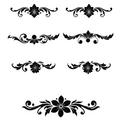 Seven Black Floral Swirl Design Elements Set Ornate Flourishes Vintage Style Decorative Black And White Flower Patterns