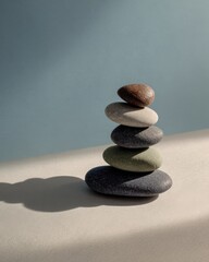 A stack of five smooth stones balancing on top of one another, with sunlight casting shadows on the background.