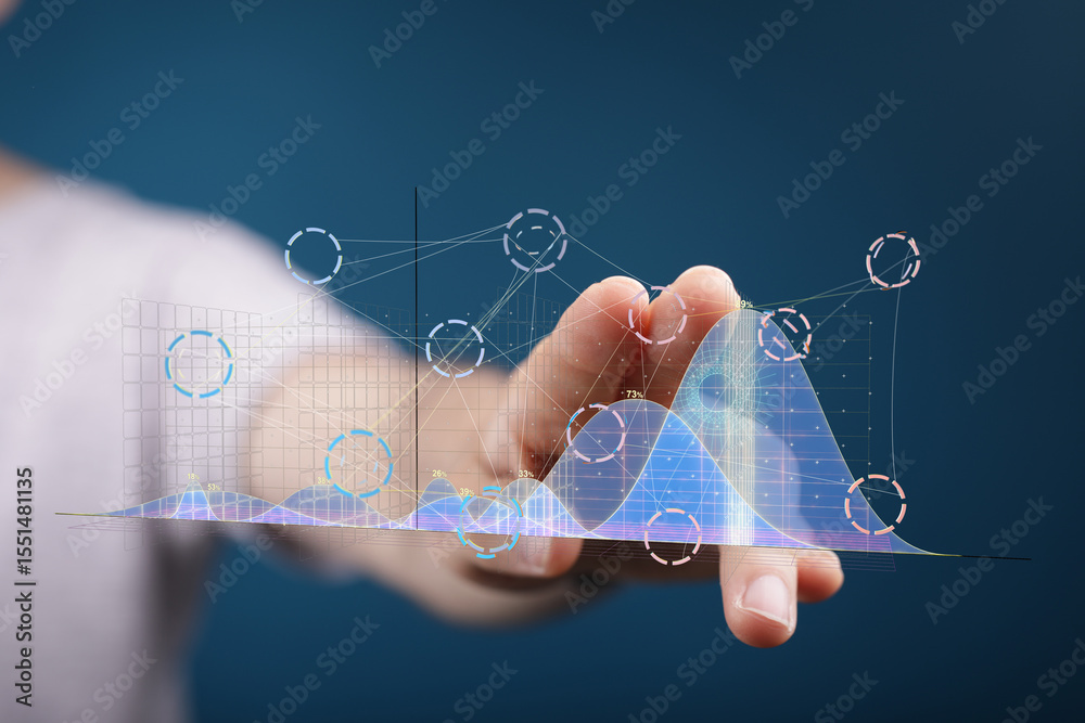 Poster Hand interacting with a futuristic graph, showing data analysis and business growth. Perfect for technology and finance.
