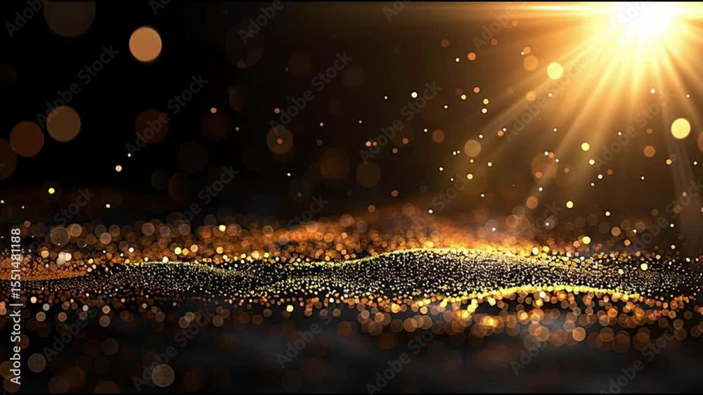 Poster Mesmerizing abstract scene of golden particles shimmering in radiant light, creating magical bokeh glow and sparkle atmosphere.