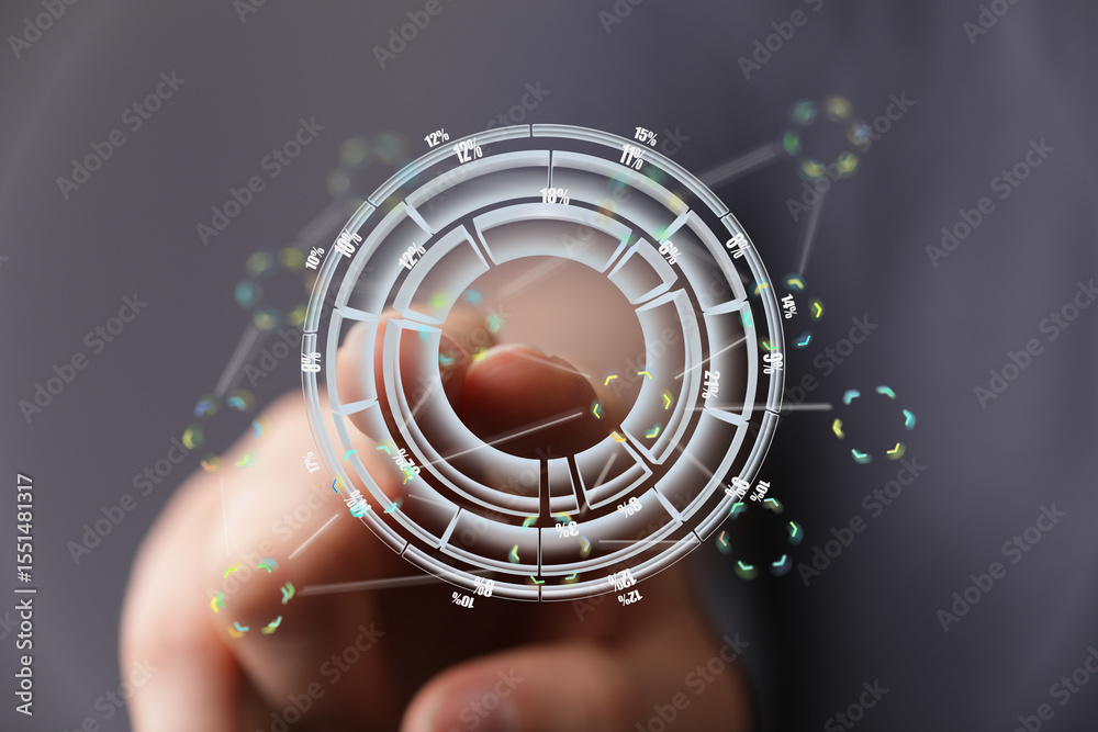Poster Person using finger to interact with a futuristic holographic data display.