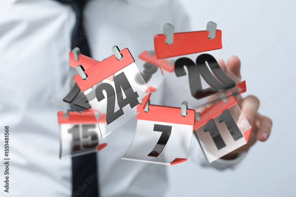 Poster Image of a businessman juggling multiple calendar dates, symbolizing busy schedule and time management.