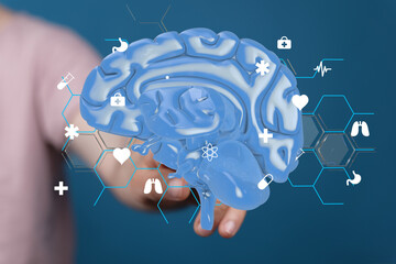3D rendered human brain with medical icons.  Perfect for healthcare, neuroscience, and technology...