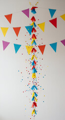 Fototapeta premium Colorful paper triangle bunting with confetti decoration in a child's room. Draped festive garland with multicolored confetti falling around, creating a celebratory atmosphere.