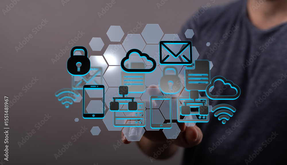 Aufkleber Modern data security and network technology.  Cloud computing, mobile devices, and secure data transfer.