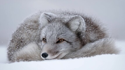 Fototapeta premium Arctic fox curls up in the snow, showcasing its thick fur and peaceful demeanor in winter.