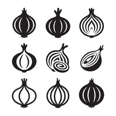 Onion Icon Set for Kitchen. Set of Black and White Onion Illustrations
