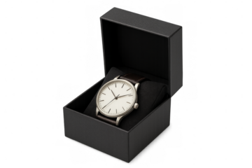 Wristwatch with leather bracelet in open black gift box on transparent background