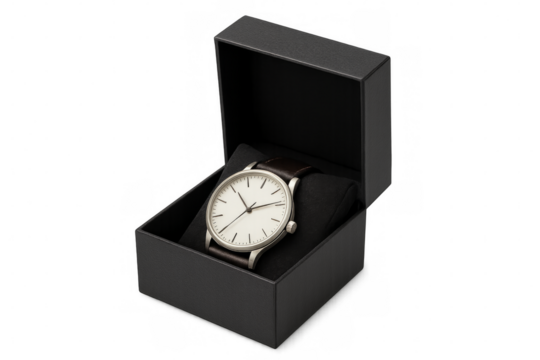 Wristwatch with leather bracelet in open black gift box on transparent background