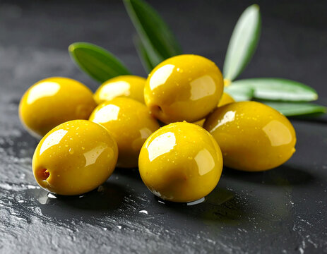 Close-up of a pile of green olives with leaves on a dark, textured surface.