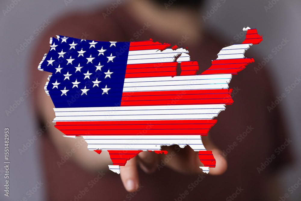Poster high-quality image of a us map designed with the american flag. perfect for patriotic themes.