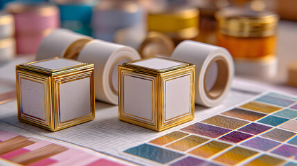 White label rolls with golden edges and sample swatches