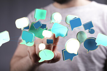 Abstract image of interconnected speech bubbles, symbolizing global communication and networking.