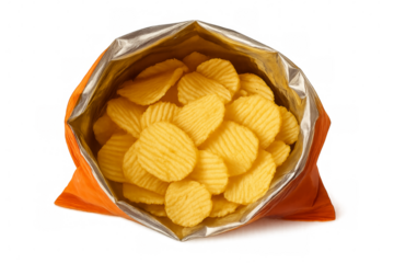 Open bag of potato chips on transparent background