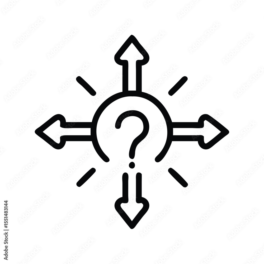 Poster decision making process vector icon showing question mark with arrows in all directions uncertainty 