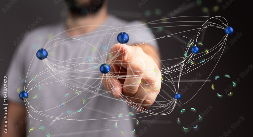 Aufkleber A man interacts with a digital network visualization, showcasing global connectivity and data flow.