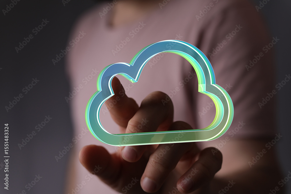 Poster Person using finger to interact with a digital cloud icon, representing cloud computing and technology.