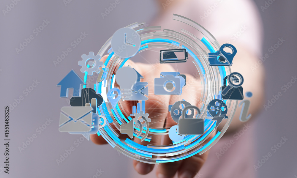 Poster Person interacting with digital interface showing various app icons.  Modern technology concept.