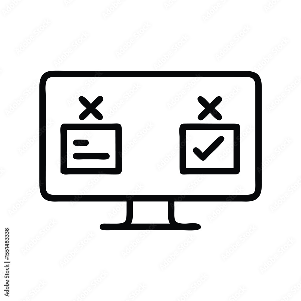 Poster online survey form with check mark and cross mark on computer screen for feedback and data collectio