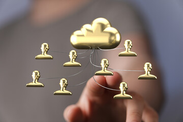 Visual representation of secure cloud data access for multiple users. Ideal for IT, networking, and...