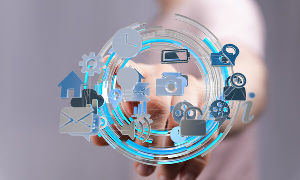 Person interacting with digital interface showing various app icons.  Modern technology concept.