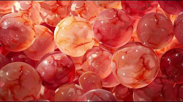 Translucent spheres with intricate red and pink patterns create mesmerizing abstract close up, showcasing vibrant textures and captivating visual