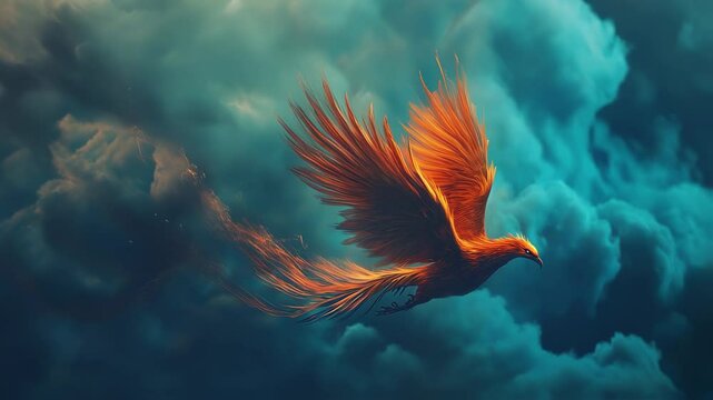 Majestic firebird soars through storm clouds, an embodiment of rebirth