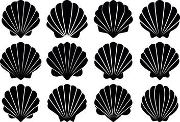 Collection of black seashells isolated on white background in various shapes and designs