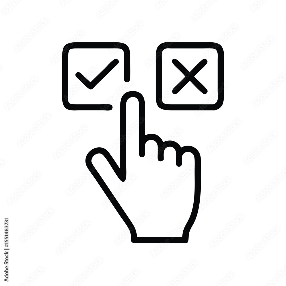Poster check mark and cross selection choice with hand pointer for user interface design element icon vecto