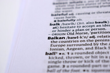 English Definition Dictionary Page Of Printed Word -  Balkan Close Up