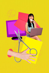 Trendy 3d zine vertical photo collage of happy businesswoman carry laptop stand office pc monitor...