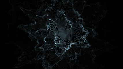 Futuristic vector digital wave with top view. Dark cyberspace. Particle explosion. Abstract wave with dots. Blue moving particles on black background.
