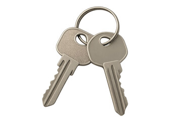 Two metal keys on key ring with transparent background