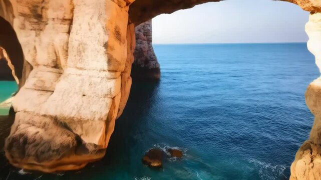 Coastal arches sculpted by ocean erosion, sandy beach, and turquoise water scenery of natural landforms at shoreline.
