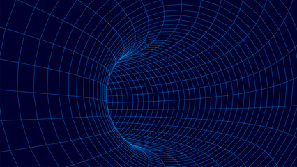 Abstract wireframe tunnel. Light science wormhole. Vector 3D portal grid. Futuristic fantasy funnel.